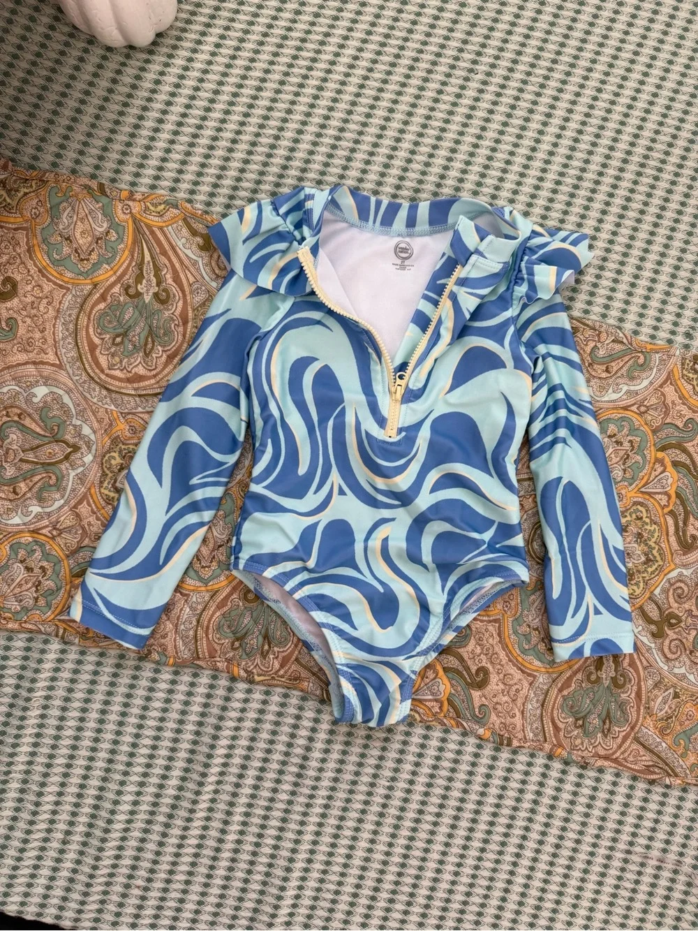 wonder nation Blue & Light Blue Swirl Long-Sleeve One-Piece Swimsuit 2T